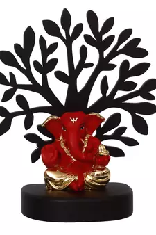 eCraftIndia Gold Plated Red Appu Ganesha Decorative Showpiece with Wooden Tree for Home/Temple/Office/Car Dashboard