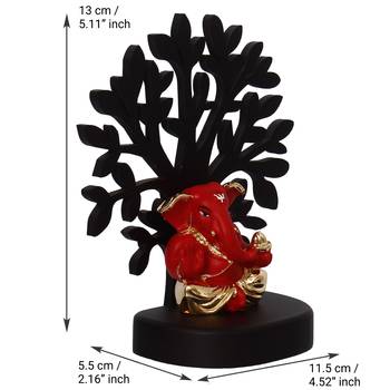 eCraftIndia Gold Plated Red Appu Ganesha Decorative Showpiece with Wooden Tree for Home/Temple/Office/Car Dashboard 4
