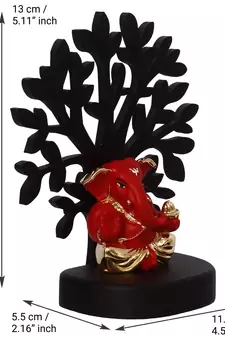 eCraftIndia Gold Plated Red Appu Ganesha Decorative Showpiece with Wooden Tree for Home/Temple/Office/Car Dashboard