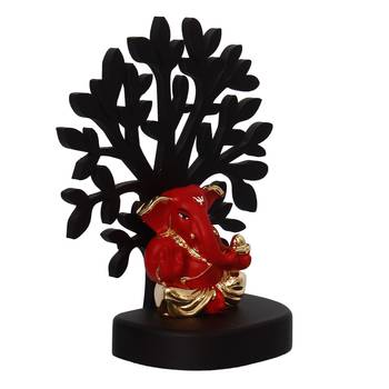 eCraftIndia Gold Plated Red Appu Ganesha Decorative Showpiece with Wooden Tree for Home/Temple/Office/Car Dashboard 5