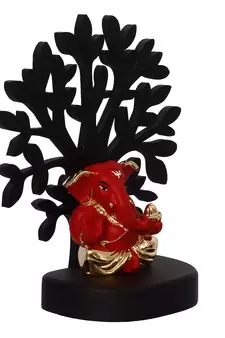eCraftIndia Gold Plated Red Appu Ganesha Decorative Showpiece with Wooden Tree for Home/Temple/Office/Car Dashboard