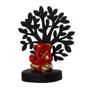 eCraftIndia Gold Plated Red Appu Ganesha Decorative Showpiece with Wooden Tree for Home/Temple/Office/Car Dashboard 6