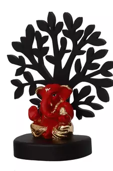 eCraftIndia Gold Plated Red Appu Ganesha Decorative Showpiece with Wooden Tree for Home/Temple/Office/Car Dashboard