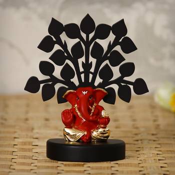 eCraftIndia Gold Plated Red Appu Ganesha Decorative Showpiece with Wooden Tree for Home/Temple/Office/Car Dashboard 1