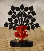 eCraftIndia Gold Plated Red Appu Ganesha Decorative Showpiece with Wooden Tree for Home/Temple/Office/Car Dashboard