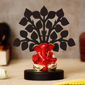 eCraftIndia Gold Plated Red Appu Ganesha Decorative Showpiece with Wooden Tree for Home/Temple/Office/Car Dashboard 2