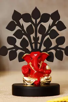 eCraftIndia Gold Plated Red Appu Ganesha Decorative Showpiece with Wooden Tree for Home/Temple/Office/Car Dashboard