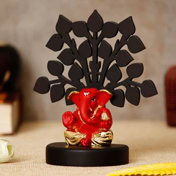 eCraftIndia Gold Plated Red Appu Ganesha Decorative Showpiece with Wooden Tree for Home/Temple/Office/Car Dashboard 3
