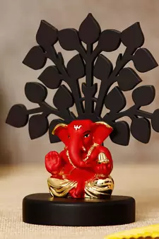 eCraftIndia Gold Plated Red Appu Ganesha Decorative Showpiece with Wooden Tree for Home/Temple/Office/Car Dashboard