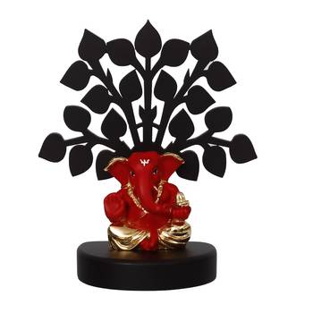 eCraftIndia Gold Plated Red Appu Ganesha Decorative Showpiece with Wooden Tree for Home/Temple/Office/Car Dashboard 4