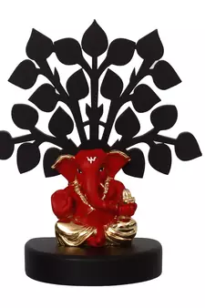 eCraftIndia Gold Plated Red Appu Ganesha Decorative Showpiece with Wooden Tree for Home/Temple/Office/Car Dashboard