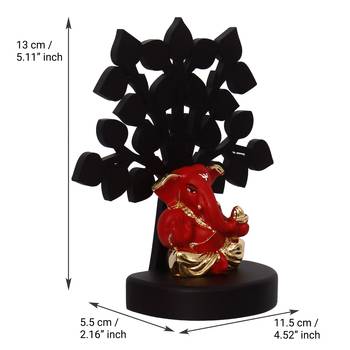 eCraftIndia Gold Plated Red Appu Ganesha Decorative Showpiece with Wooden Tree for Home/Temple/Office/Car Dashboard 5