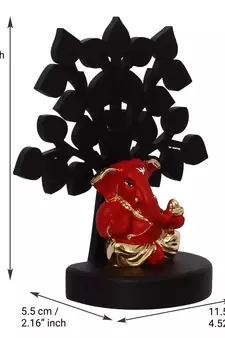 eCraftIndia Gold Plated Red Appu Ganesha Decorative Showpiece with Wooden Tree for Home/Temple/Office/Car Dashboard