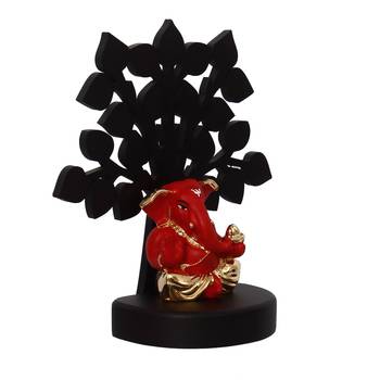 eCraftIndia Gold Plated Red Appu Ganesha Decorative Showpiece with Wooden Tree for Home/Temple/Office/Car Dashboard 6