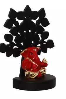 eCraftIndia Gold Plated Red Appu Ganesha Decorative Showpiece with Wooden Tree for Home/Temple/Office/Car Dashboard