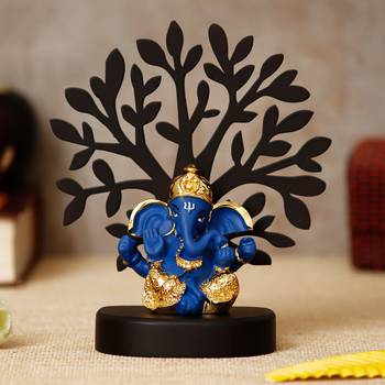 eCraftIndia Gold Plated Blue Dhoti Ganesha Decorative Showpiece with Wooden Tree for Home/Temple/Office/Car Dashboard 1