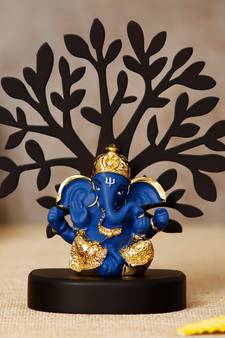 eCraftIndia Gold Plated Blue Dhoti Ganesha Decorative Showpiece with Wooden Tree for Home/Temple/Office/Car Dashboard