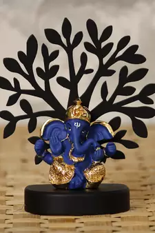 eCraftIndia Gold Plated Blue Dhoti Ganesha Decorative Showpiece with Wooden Tree for Home/Temple/Office/Car Dashboard
