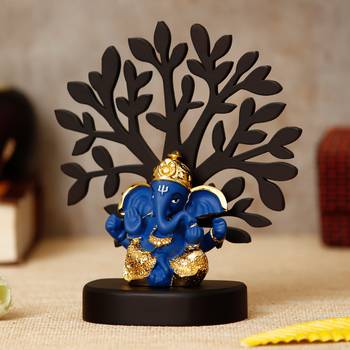 eCraftIndia Gold Plated Blue Dhoti Ganesha Decorative Showpiece with Wooden Tree for Home/Temple/Office/Car Dashboard 3