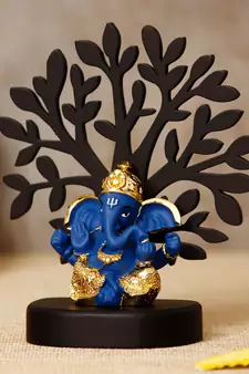 eCraftIndia Gold Plated Blue Dhoti Ganesha Decorative Showpiece with Wooden Tree for Home/Temple/Office/Car Dashboard