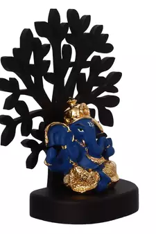 eCraftIndia Gold Plated Blue Dhoti Ganesha Decorative Showpiece with Wooden Tree for Home/Temple/Office/Car Dashboard