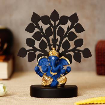 eCraftIndia Gold Plated Blue Dhoti Ganesha Decorative Showpiece with Wooden Tree for Home/Temple/Office/Car Dashboard 1