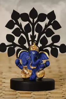 eCraftIndia Gold Plated Blue Dhoti Ganesha Decorative Showpiece with Wooden Tree for Home/Temple/Office/Car Dashboard
