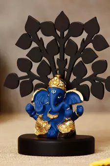 eCraftIndia Gold Plated Blue Dhoti Ganesha Decorative Showpiece with Wooden Tree for Home/Temple/Office/Car Dashboard