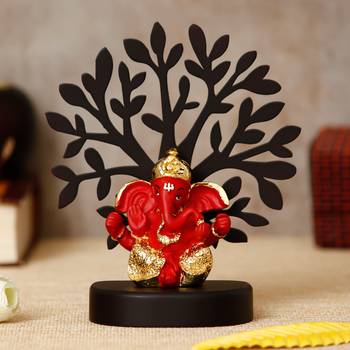 eCraftIndia Gold Plated Orange Dhoti Ganesha Decorative Showpiece with Wooden Tree for Home/Temple/Office/Car Dashboard 1
