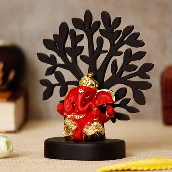 eCraftIndia Gold Plated Orange Dhoti Ganesha Decorative Showpiece with Wooden Tree for Home/Temple/Office/Car Dashboard 2