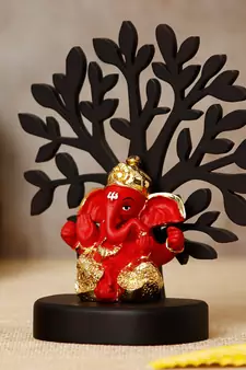 eCraftIndia Gold Plated Orange Dhoti Ganesha Decorative Showpiece with Wooden Tree for Home/Temple/Office/Car Dashboard