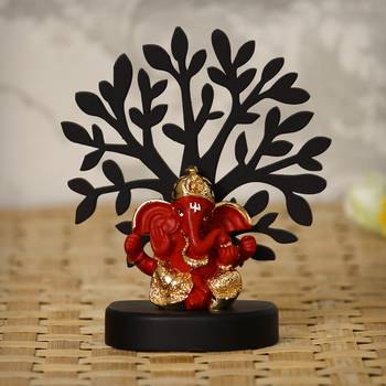 eCraftIndia Gold Plated Red Dhoti Ganesha Decorative Showpiece with Wooden Tree for Home/Temple/Office/Car Dashboard 1