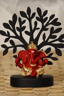 eCraftIndia Gold Plated Red Dhoti Ganesha Decorative Showpiece with Wooden Tree for Home/Temple/Office/Car Dashboard