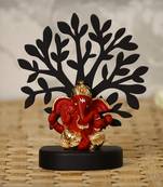eCraftIndia Gold Plated Red Dhoti Ganesha Decorative Showpiece with Wooden Tree for Home/Temple/Office/Car Dashboard