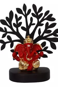 eCraftIndia Gold Plated Red Dhoti Ganesha Decorative Showpiece with Wooden Tree for Home/Temple/Office/Car Dashboard