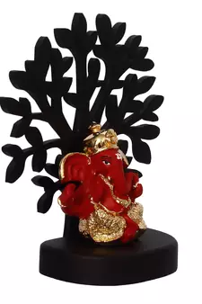 eCraftIndia Gold Plated Red Dhoti Ganesha Decorative Showpiece with Wooden Tree for Home/Temple/Office/Car Dashboard