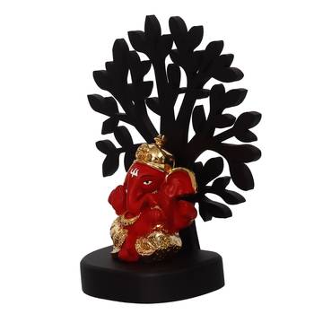 eCraftIndia Gold Plated Red Dhoti Ganesha Decorative Showpiece with Wooden Tree for Home/Temple/Office/Car Dashboard 5