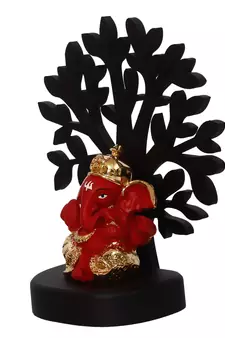 eCraftIndia Gold Plated Red Dhoti Ganesha Decorative Showpiece with Wooden Tree for Home/Temple/Office/Car Dashboard