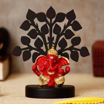 eCraftIndia Gold Plated Red Dhoti Ganesha Decorative Showpiece with Wooden Tree for Home/Temple/Office/Car Dashboard 1