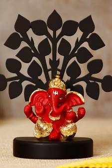 eCraftIndia Gold Plated Red Dhoti Ganesha Decorative Showpiece with Wooden Tree for Home/Temple/Office/Car Dashboard