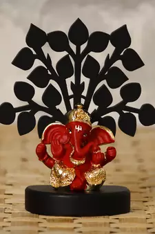 eCraftIndia Gold Plated Red Dhoti Ganesha Decorative Showpiece with Wooden Tree for Home/Temple/Office/Car Dashboard