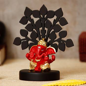 eCraftIndia Gold Plated Red Dhoti Ganesha Decorative Showpiece with Wooden Tree for Home/Temple/Office/Car Dashboard 3