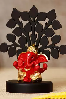 eCraftIndia Gold Plated Red Dhoti Ganesha Decorative Showpiece with Wooden Tree for Home/Temple/Office/Car Dashboard