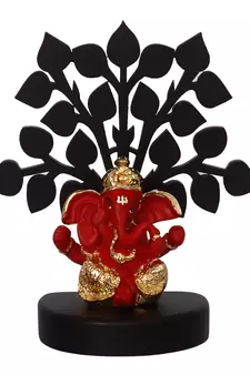 eCraftIndia Gold Plated Red Dhoti Ganesha Decorative Showpiece with Wooden Tree for Home/Temple/Office/Car Dashboard
