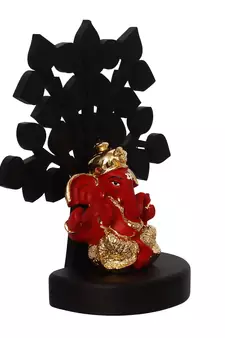 eCraftIndia Gold Plated Red Dhoti Ganesha Decorative Showpiece with Wooden Tree for Home/Temple/Office/Car Dashboard