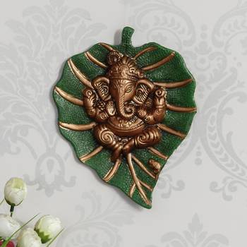 eCraftIndia Brown Lord Ganesha on Green Leaf Wall Hanging 1