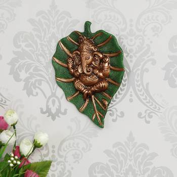 eCraftIndia Brown Lord Ganesha on Green Leaf Wall Hanging 2