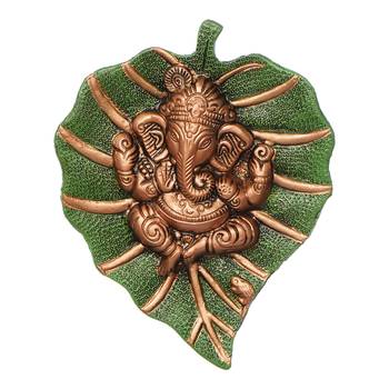 eCraftIndia Brown Lord Ganesha on Green Leaf Wall Hanging 3