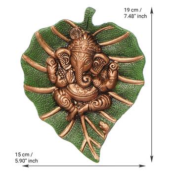 eCraftIndia Brown Lord Ganesha on Green Leaf Wall Hanging 4
