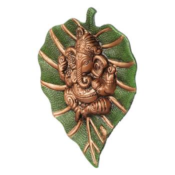 eCraftIndia Brown Lord Ganesha on Green Leaf Wall Hanging 5